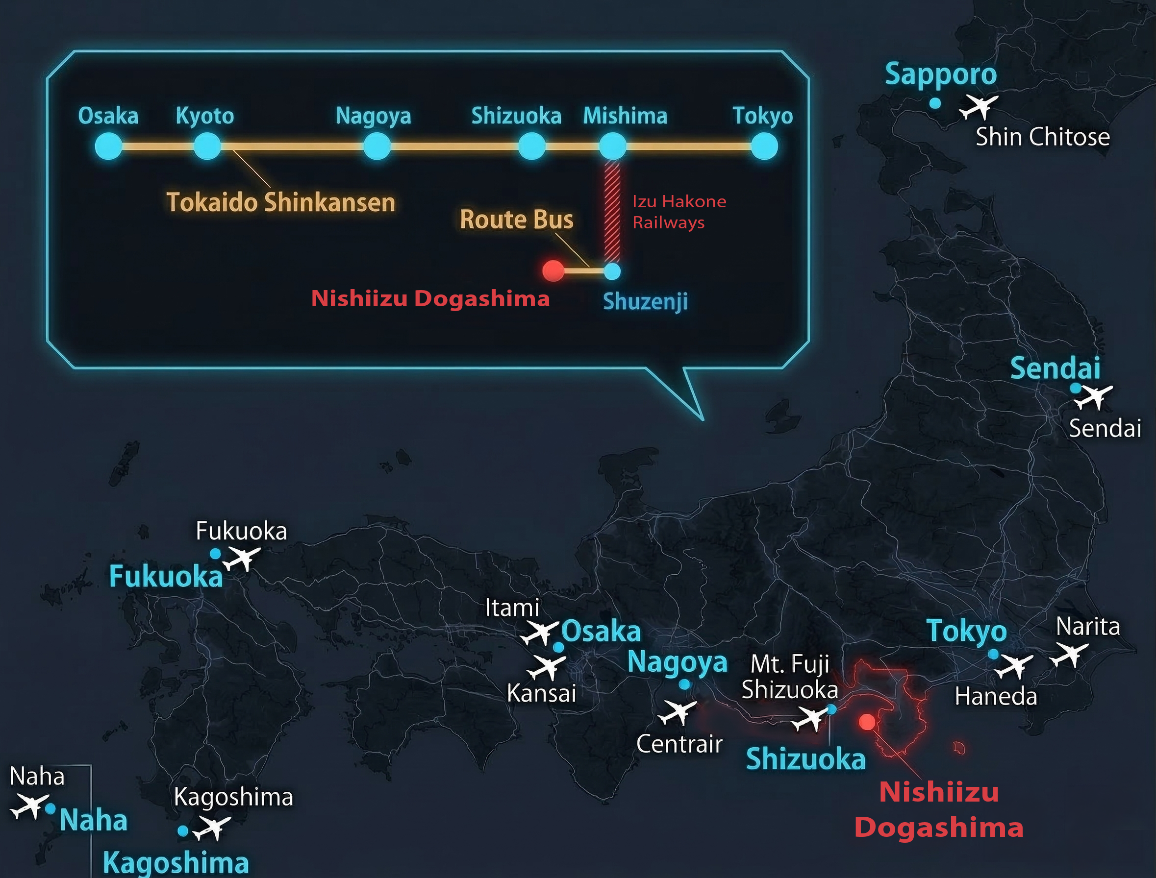 Route map showing rail and bus connections to Nishiizu from Tokyo, Osaka and Nagoya